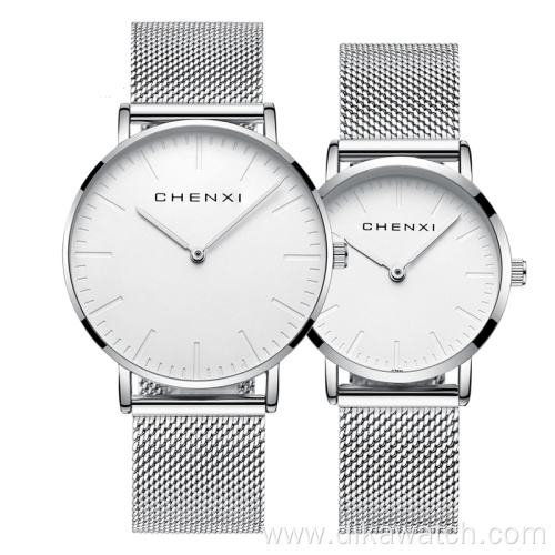 076 CHENXI Couple Watches Simple and Literal Fashion Dial Watch Luxury Full Mesh Mesh Watch Strap Quartz